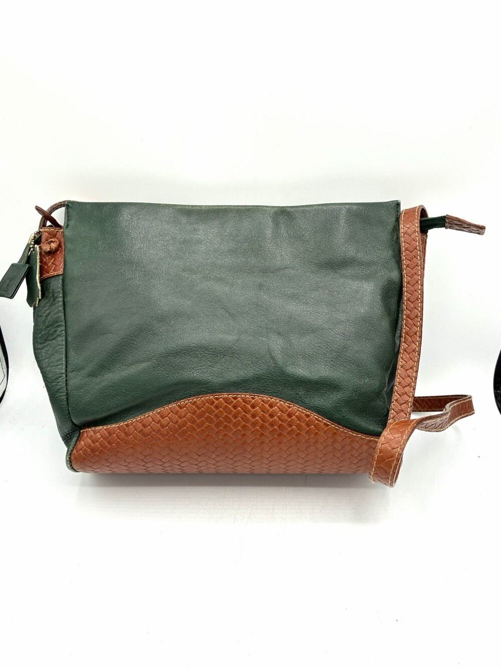 Vintage Giani Bernini Leather Crossbody Bag Green Brown Woven Trim Distressed